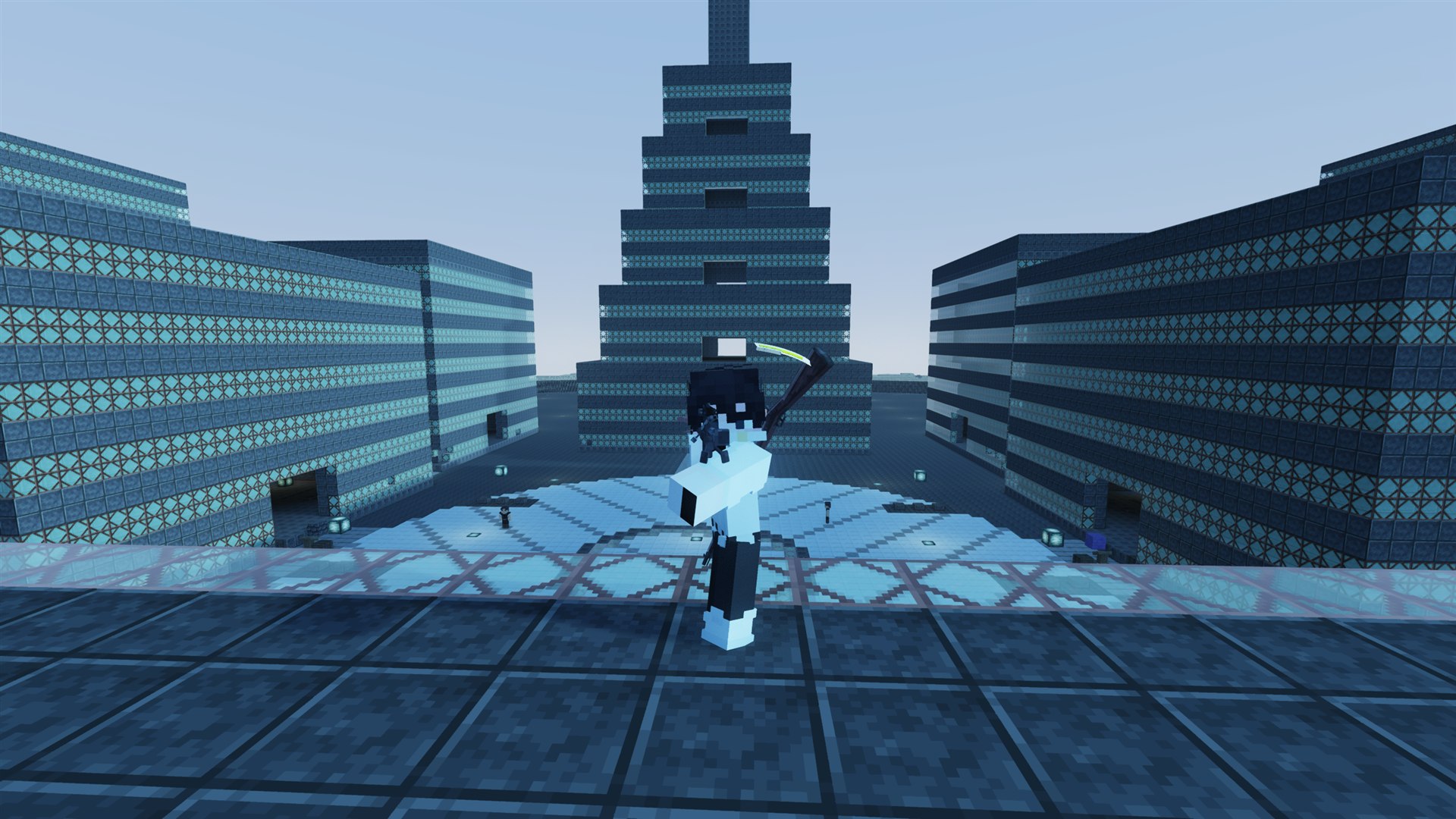 Player overlooking a futuristic Gun Gale Online city arena