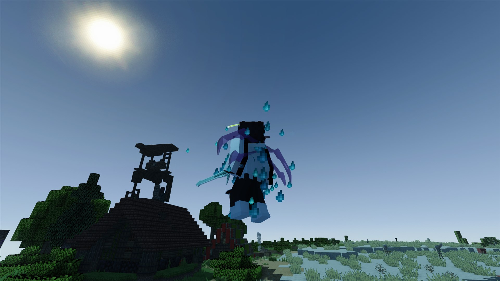 Player soaring above the landscape with a sword