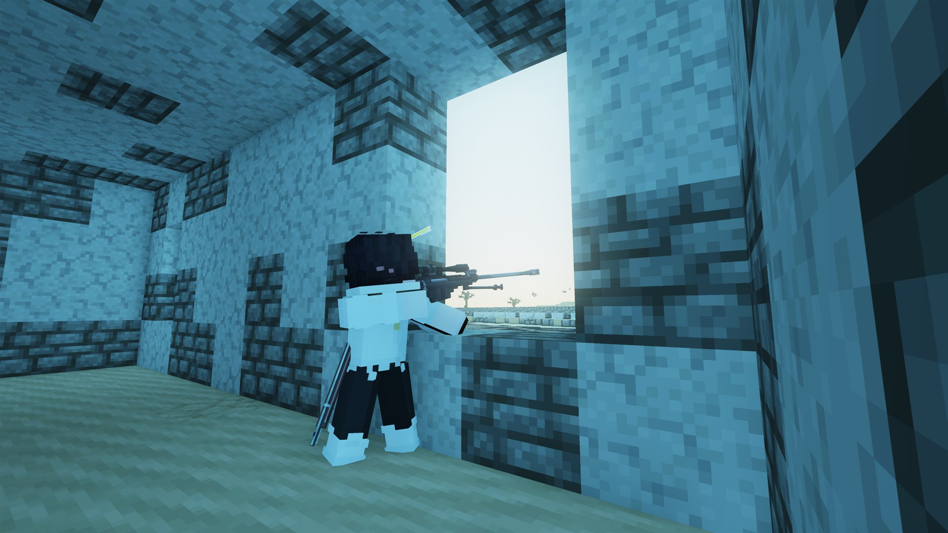 Player aiming a sniper rifle from cover